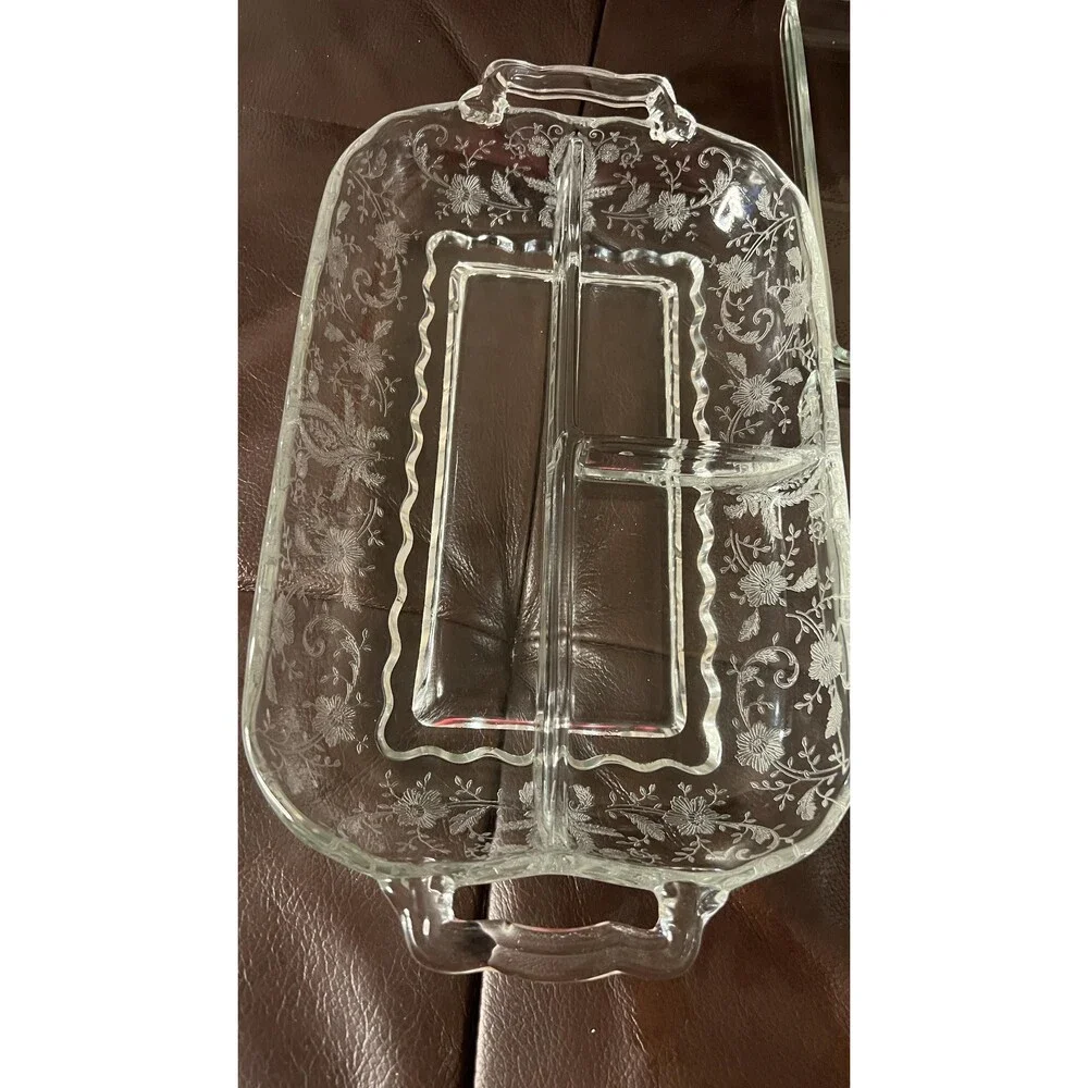 Viking New Martinsville Prelude Etched Relish Tray w Handles 4 Rectangular Glass